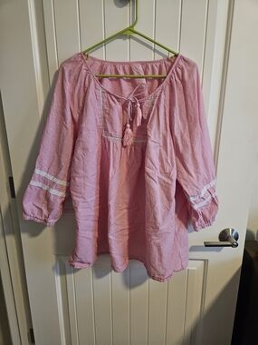 St. John's Bay Pink Cotton Peasant Top with Tassel Detail
